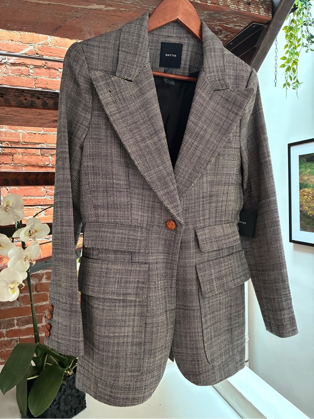 Smythe Plaid Notch-Lapel Single-Button Blazer in Brown